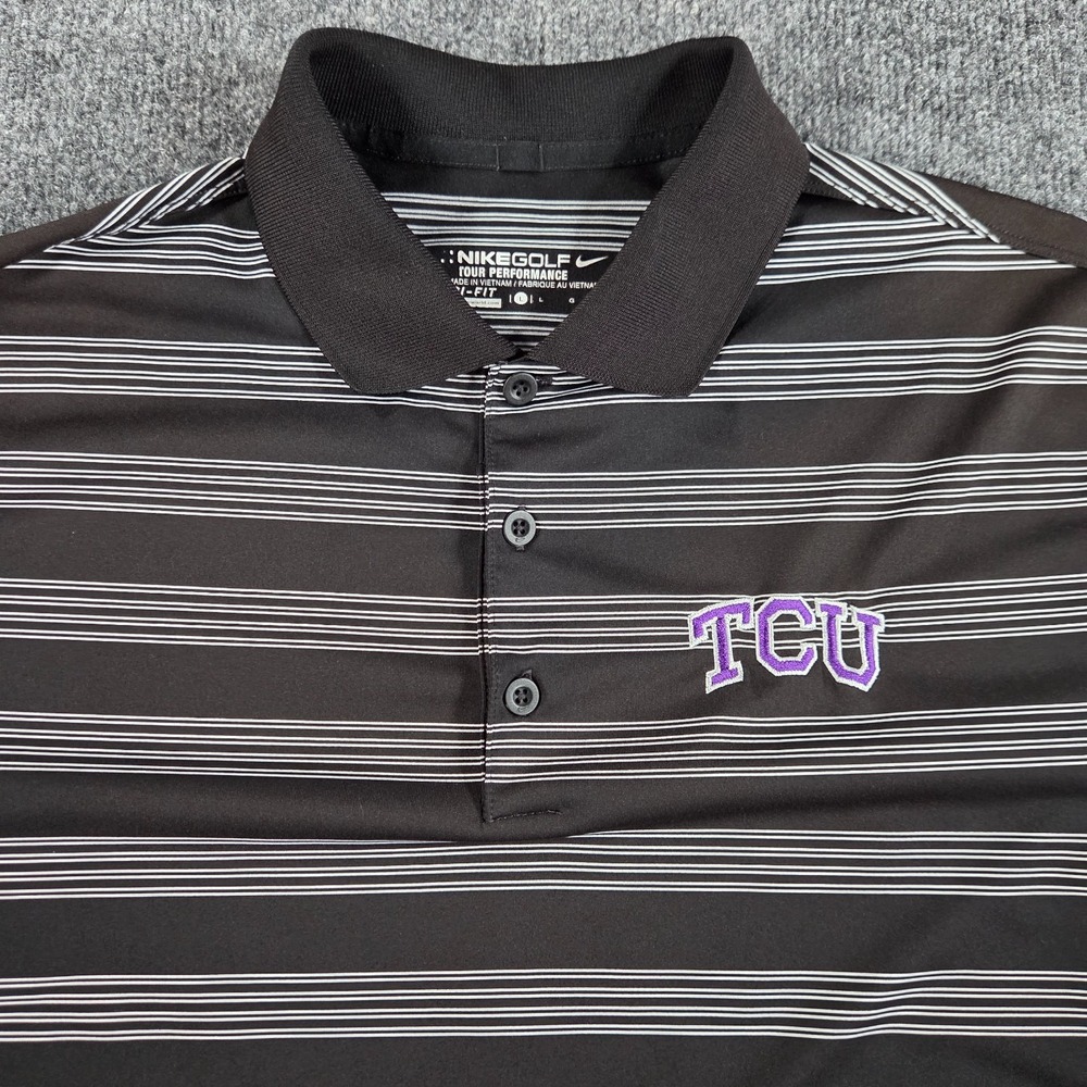 TCU Horned Frogs Nike Golf Tour Performance Polo Shirt Mens L Black White Stripe